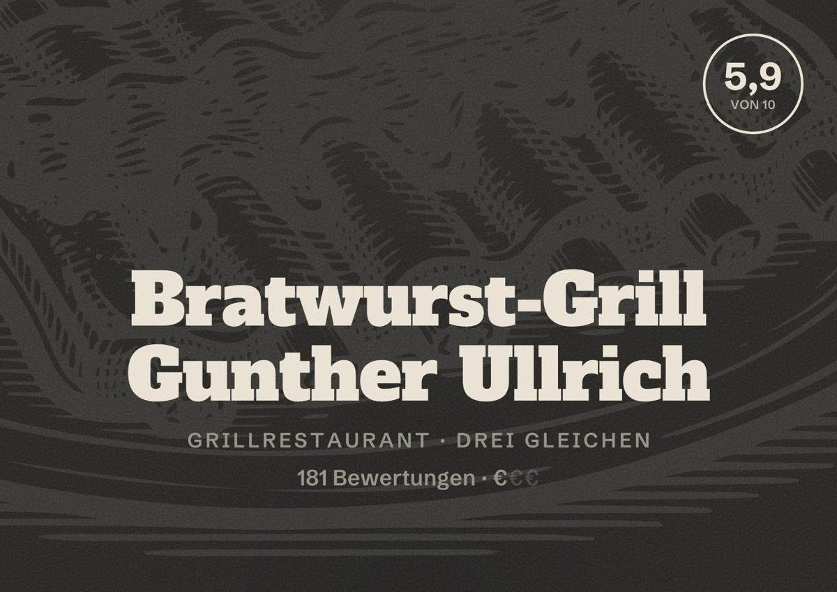 Illustriertes Poster von Bratwurst-Grill Gunther Ullrich, Grillrestaurant in Drei Gleichen: Bewertung 5,9 von 10 aus 181 Bewertungen, Preisniveau €