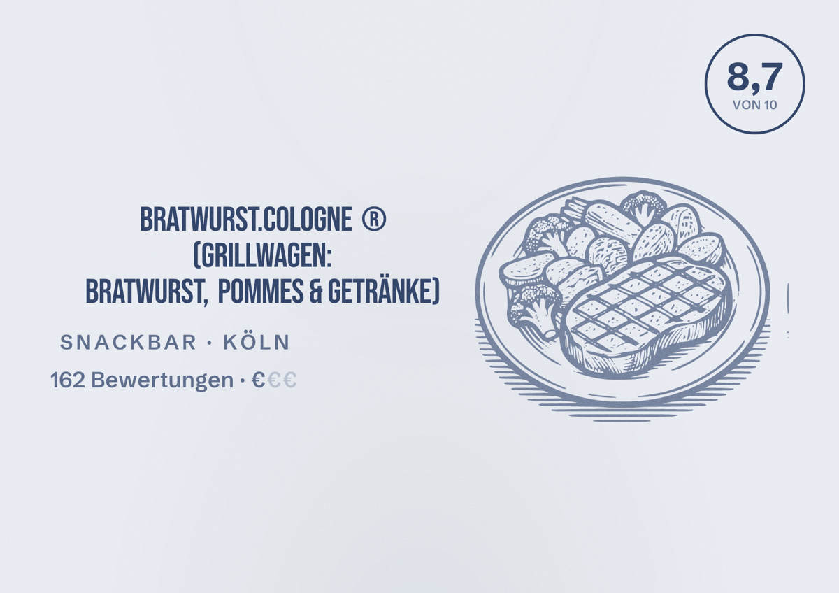 Illustriertes Poster von Bratwurst.Cologne ® (Grillwagen: Bratwurst, Pommes & Getränke), Snackbar in Köln: Bewertung 8,7 von 10 aus 162 Bewertungen, Preisniveau €