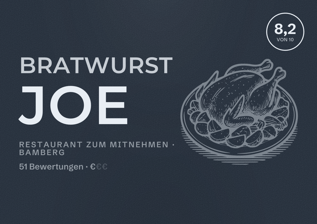 Illustriertes Poster von Bratwurst Joe, Restaurant zum Mitnehmen in Bamberg: Bewertung 8,2 von 10 aus 51 Bewertungen, Preisniveau €