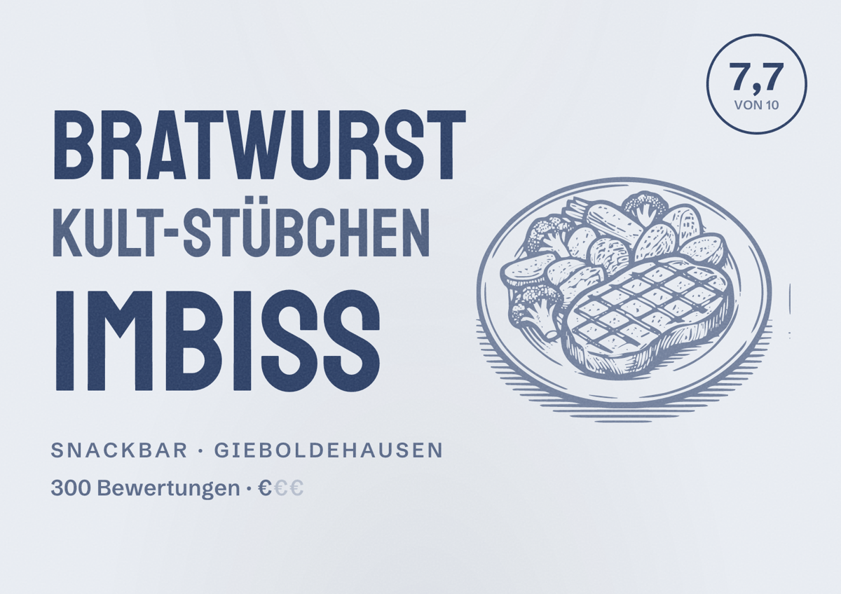 Illustriertes Poster von Bratwurst Kult-Stübchen Imbiss, Snackbar in Gieboldehausen: Bewertung 7,7 von 10 aus 300 Bewertungen, Preisniveau €