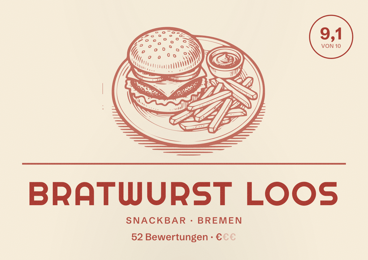 Illustriertes Poster von Bratwurst Loos, Snackbar in Bremen: Bewertung 9,1 von 10 aus 52 Bewertungen, Preisniveau €