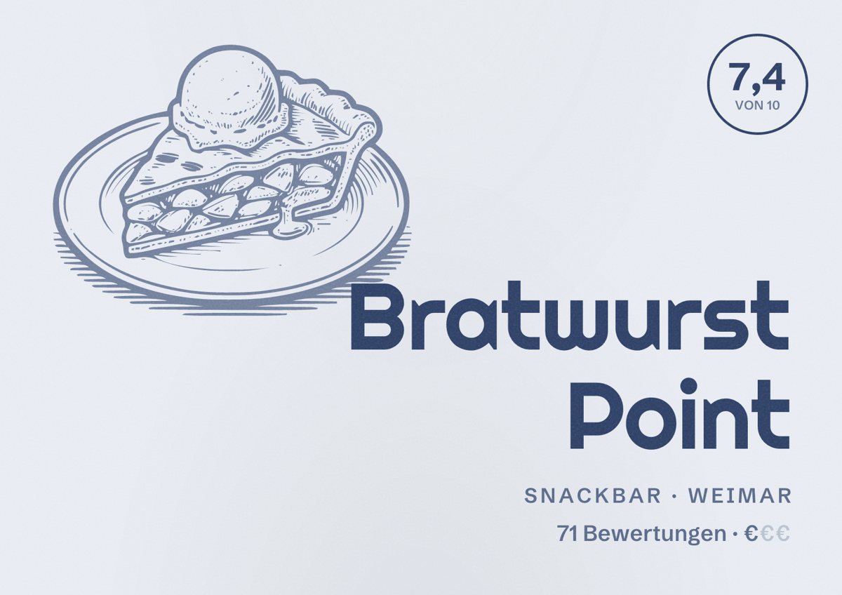 Illustriertes Poster von Bratwurst Point, Snackbar in Weimar: Bewertung 7,4 von 10 aus 71 Bewertungen, Preisniveau €