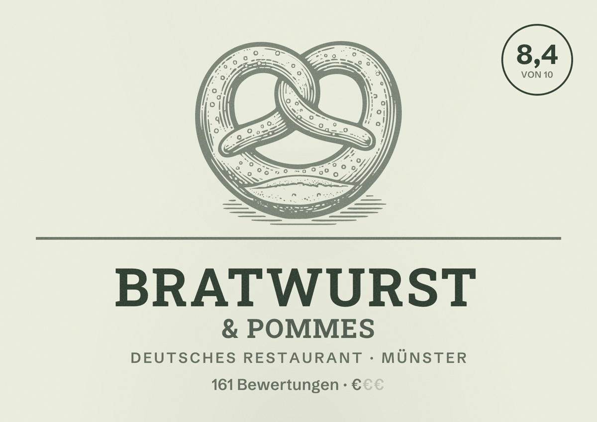 Illustriertes Poster von Bratwurst & Pommes, Deutsches Restaurant in Münster: Bewertung 8,4 von 10 aus 161 Bewertungen, Preisniveau €