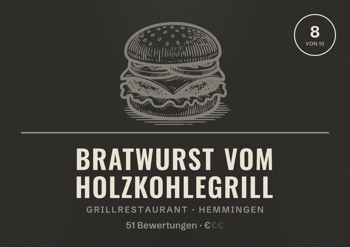 Illustriertes Poster von Bratwurst vom Holzkohlegrill, Grillrestaurant in Hemmingen: Bewertung 8 von 10 aus 51 Bewertungen, Preisniveau €