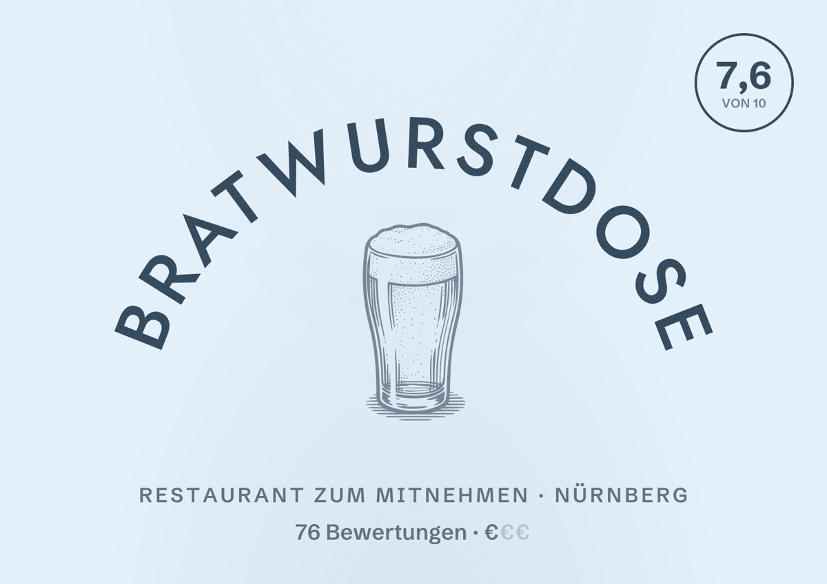 Illustriertes Poster von Bratwurstdose, Restaurant zum Mitnehmen in Nürnberg: Bewertung 7,6 von 10 aus 76 Bewertungen, Preisniveau €