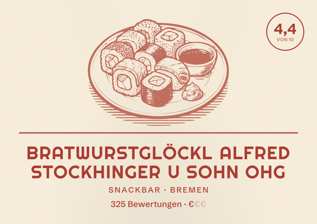 Illustriertes Poster von Bratwurstglöckl Alfred Stockhinger u Sohn OHG, Snackbar in Bremen: Bewertung 4,4 von 10 aus 325 Bewertungen, Preisniveau €