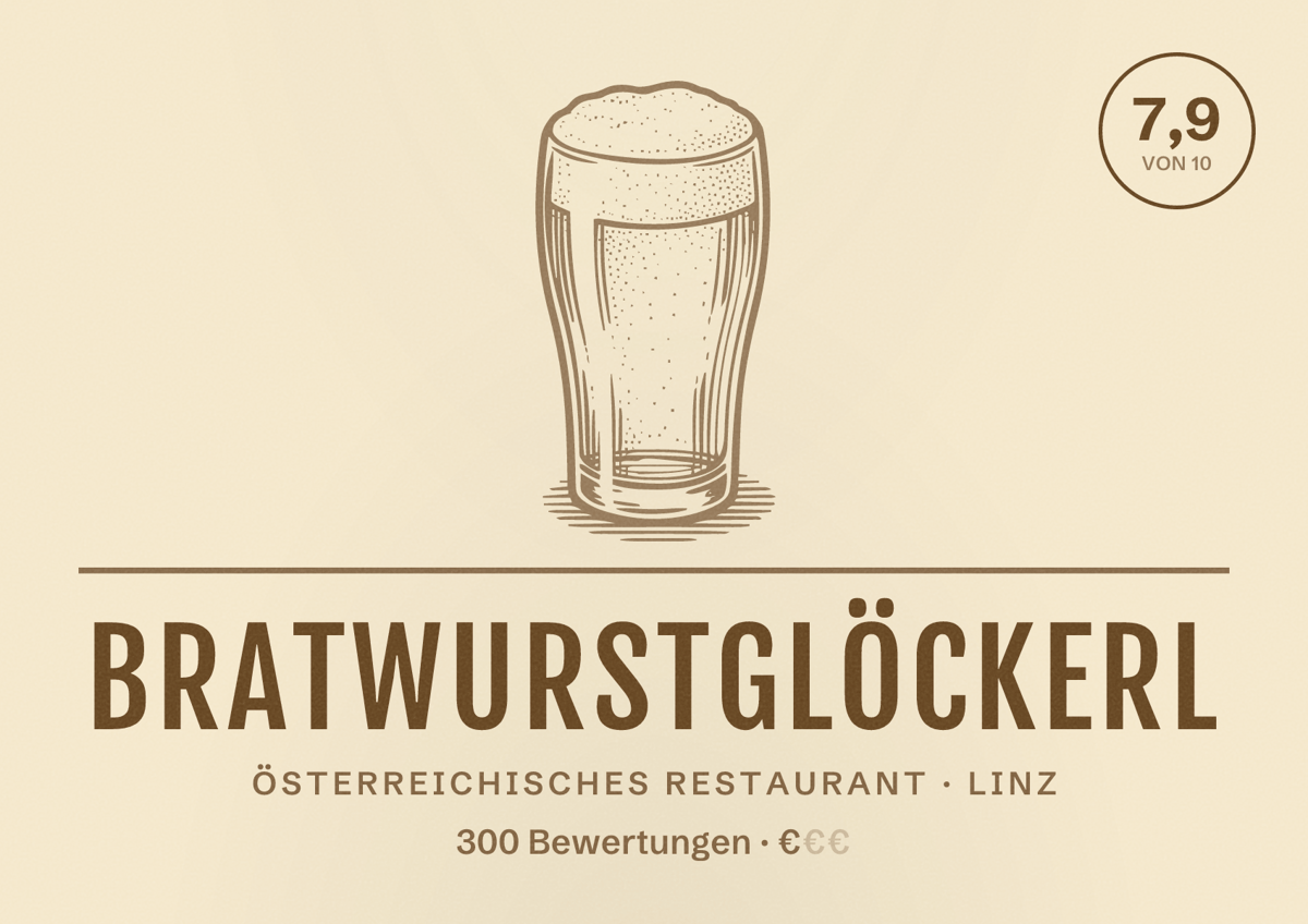 Illustriertes Poster von Bratwurstglöckerl, Österreichisches Restaurant in Linz: Bewertung 7,9 von 10 aus 300 Bewertungen, Preisniveau €