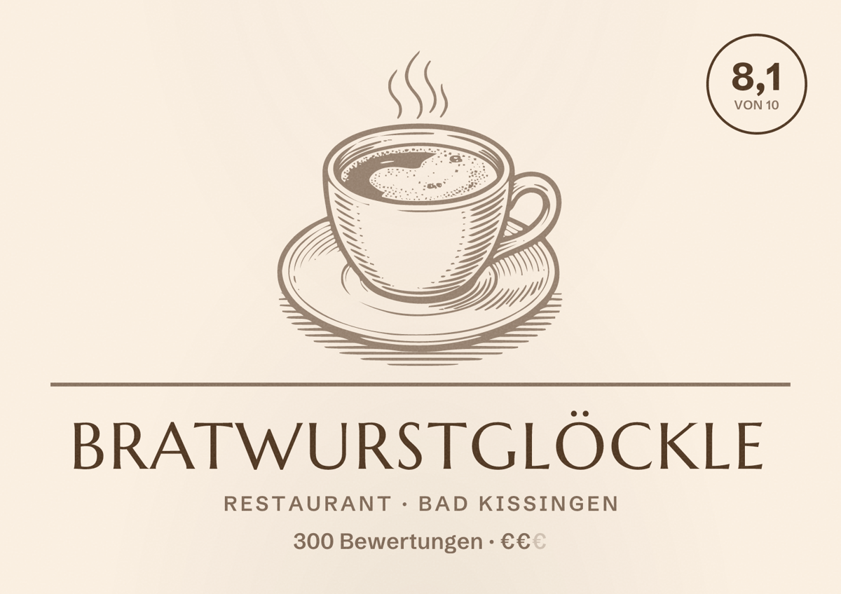 Illustriertes Poster von Bratwurstglöckle, Restaurant in Bad Kissingen: Bewertung 8,1 von 10 aus 300 Bewertungen, Preisniveau €€