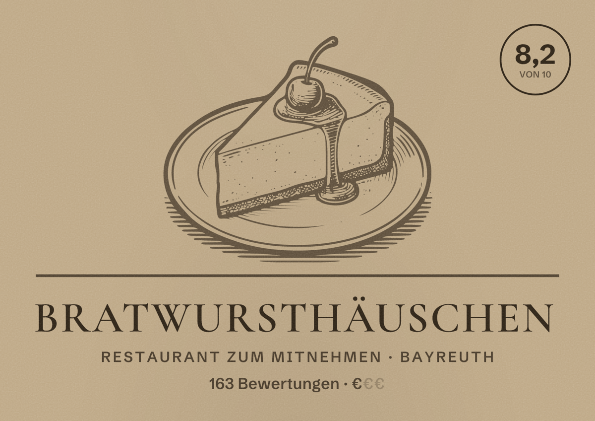 Illustriertes Poster von Bratwursthäuschen, Restaurant zum Mitnehmen in Bayreuth: Bewertung 8,2 von 10 aus 163 Bewertungen, Preisniveau €