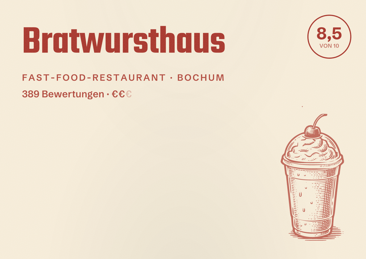Illustriertes Poster von Bratwursthaus, Fast-Food-Restaurant in Bochum: Bewertung 8,5 von 10 aus 389 Bewertungen, Preisniveau €€