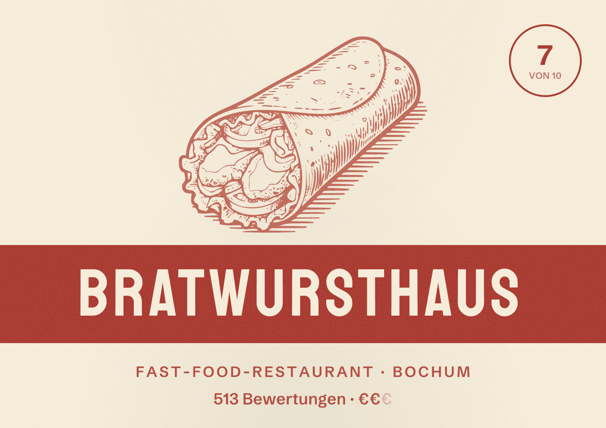Illustriertes Poster von Bratwursthaus, Fast-Food-Restaurant in Bochum: Bewertung 7 von 10 aus 513 Bewertungen, Preisniveau €€