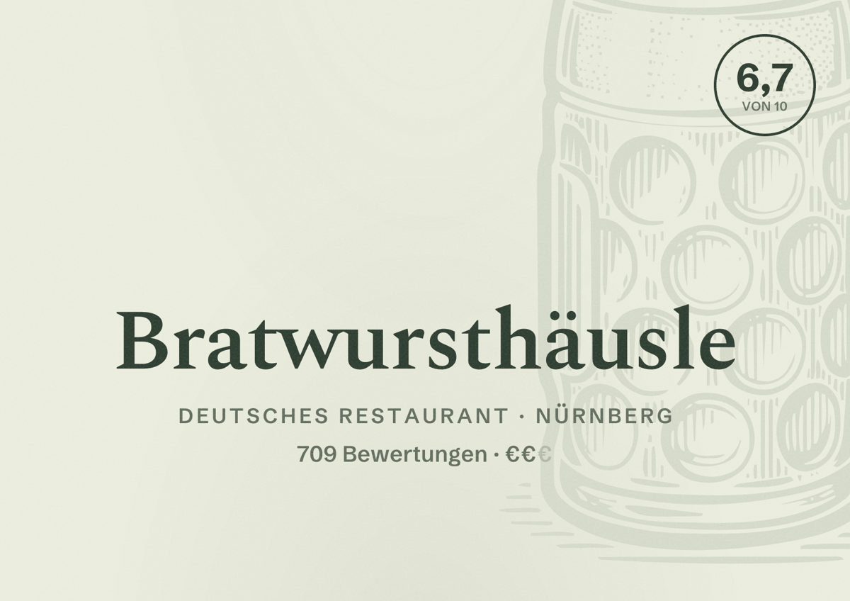 Illustriertes Poster von Bratwursthäusle, Deutsches Restaurant in Nürnberg: Bewertung 6,7 von 10 aus 709 Bewertungen, Preisniveau €€