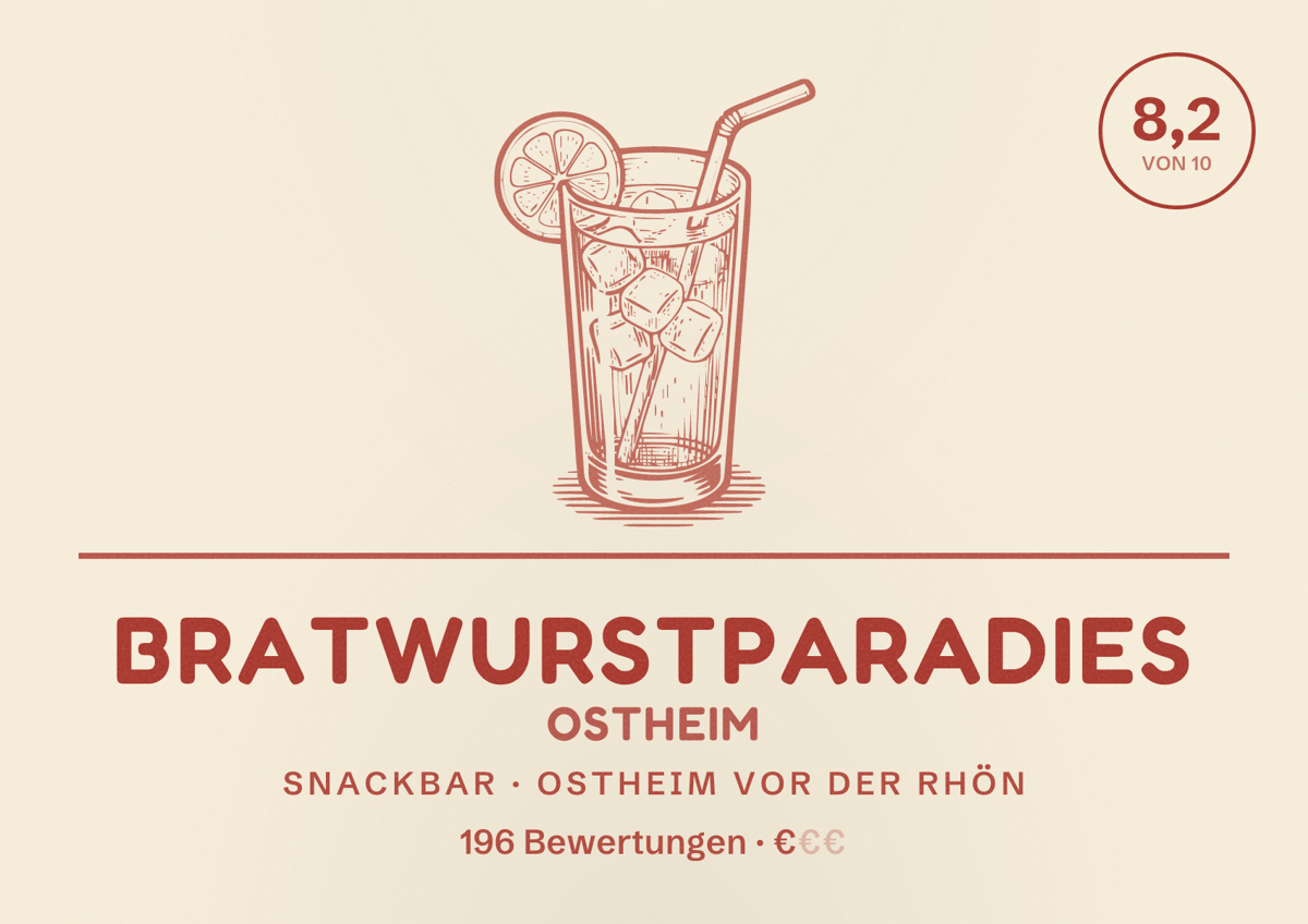 Illustriertes Poster von Bratwurstparadies Ostheim, Snackbar in Ostheim vor der Rhön: Bewertung 8,2 von 10 aus 196 Bewertungen, Preisniveau €