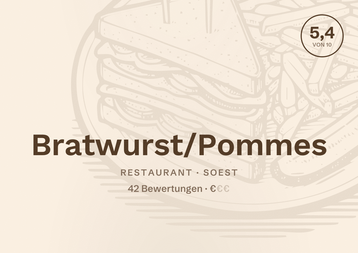 Illustriertes Poster von Bratwurst/Pommes, Restaurant in Soest: Bewertung 5,4 von 10 aus 42 Bewertungen, Preisniveau €