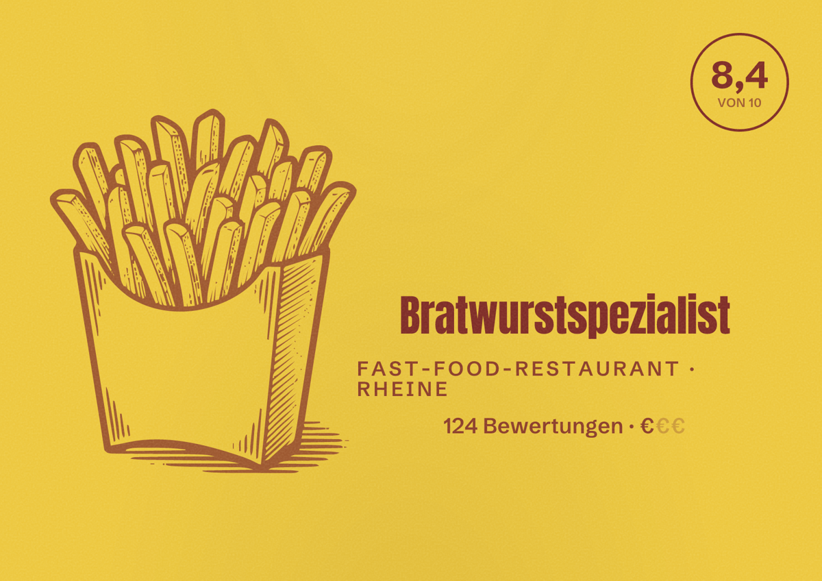 Illustriertes Poster von Bratwurstspezialist, Fast-Food-Restaurant in Rheine: Bewertung 8,4 von 10 aus 124 Bewertungen, Preisniveau €