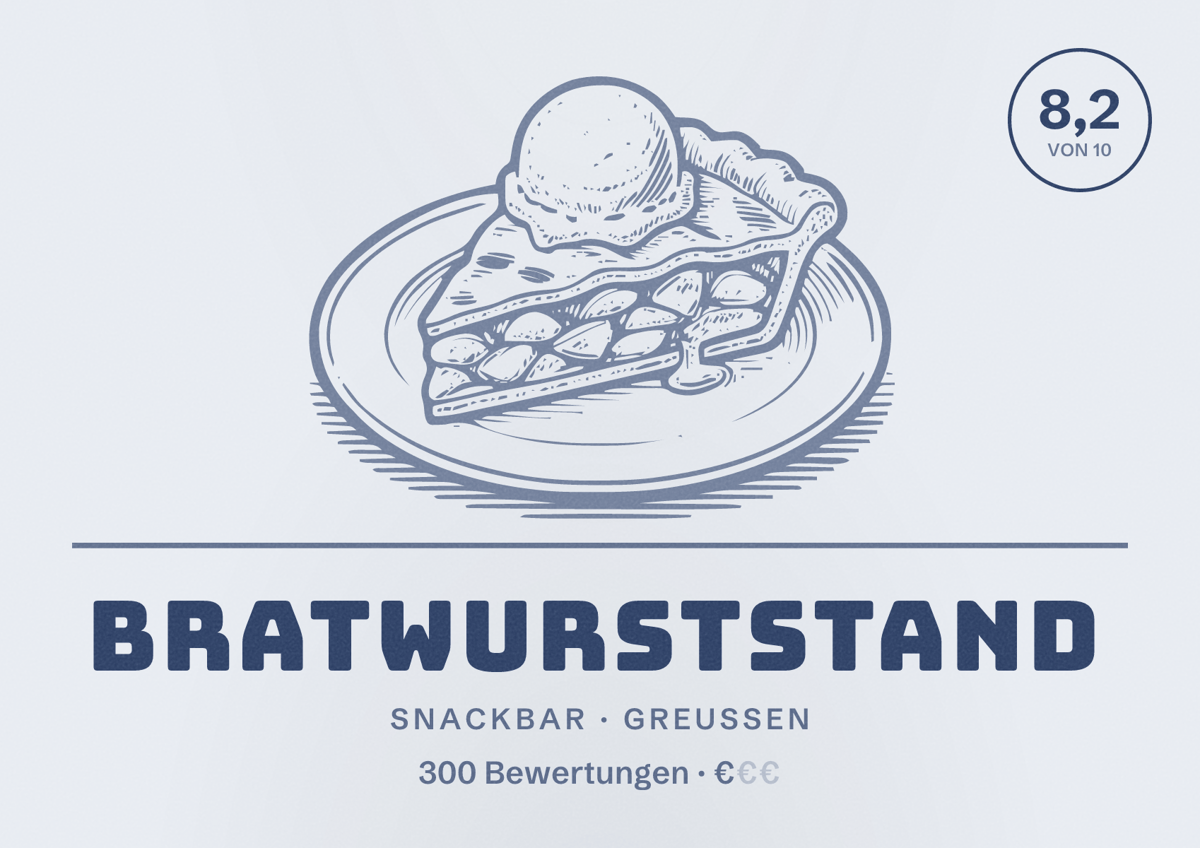 Illustriertes Poster von Bratwurststand, Snackbar in Greußen: Bewertung 8,2 von 10 aus 300 Bewertungen, Preisniveau €