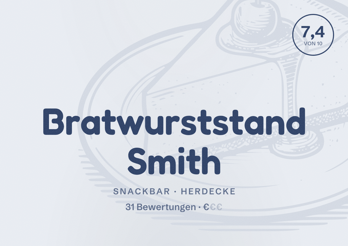 Illustriertes Poster von Bratwurststand Smith, Snackbar in Herdecke: Bewertung 7,4 von 10 aus 31 Bewertungen, Preisniveau €