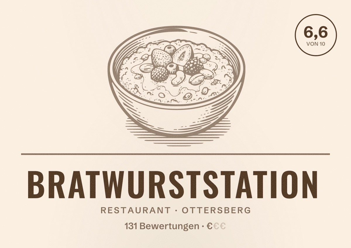 Illustriertes Poster von Bratwurststation, Restaurant in Ottersberg: Bewertung 6,6 von 10 aus 131 Bewertungen, Preisniveau €