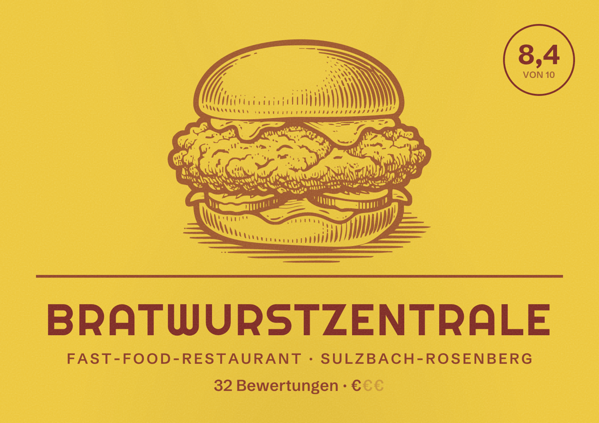 Illustriertes Poster von Bratwurstzentrale, Fast-Food-Restaurant in Sulzbach-Rosenberg: Bewertung 8,4 von 10 aus 32 Bewertungen, Preisniveau €