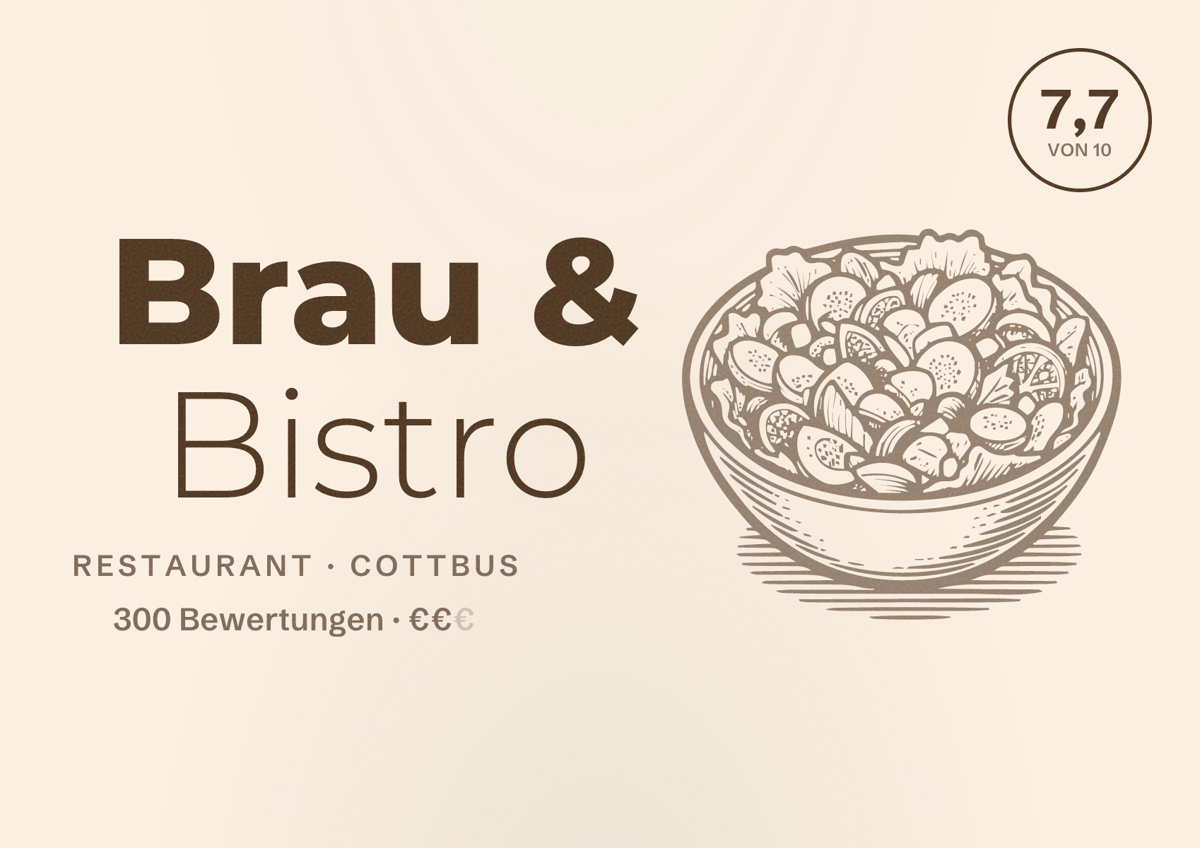 Illustriertes Poster von Brau & Bistro, Restaurant in Cottbus: Bewertung 7,7 von 10 aus 300 Bewertungen, Preisniveau €€