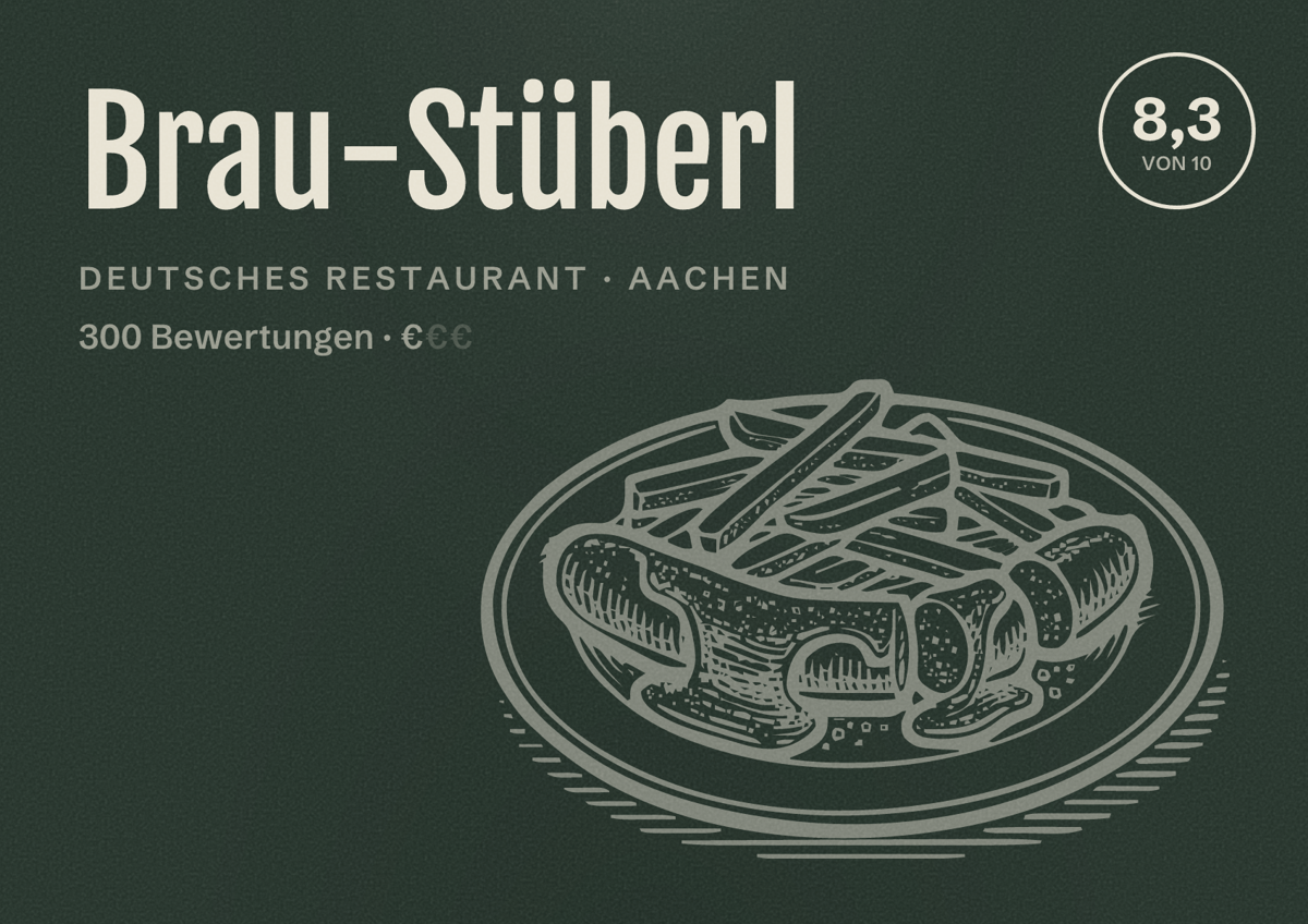 Illustriertes Poster von Brau-Stüberl, Deutsches Restaurant in Aachen: Bewertung 8,3 von 10 aus 300 Bewertungen, Preisniveau €