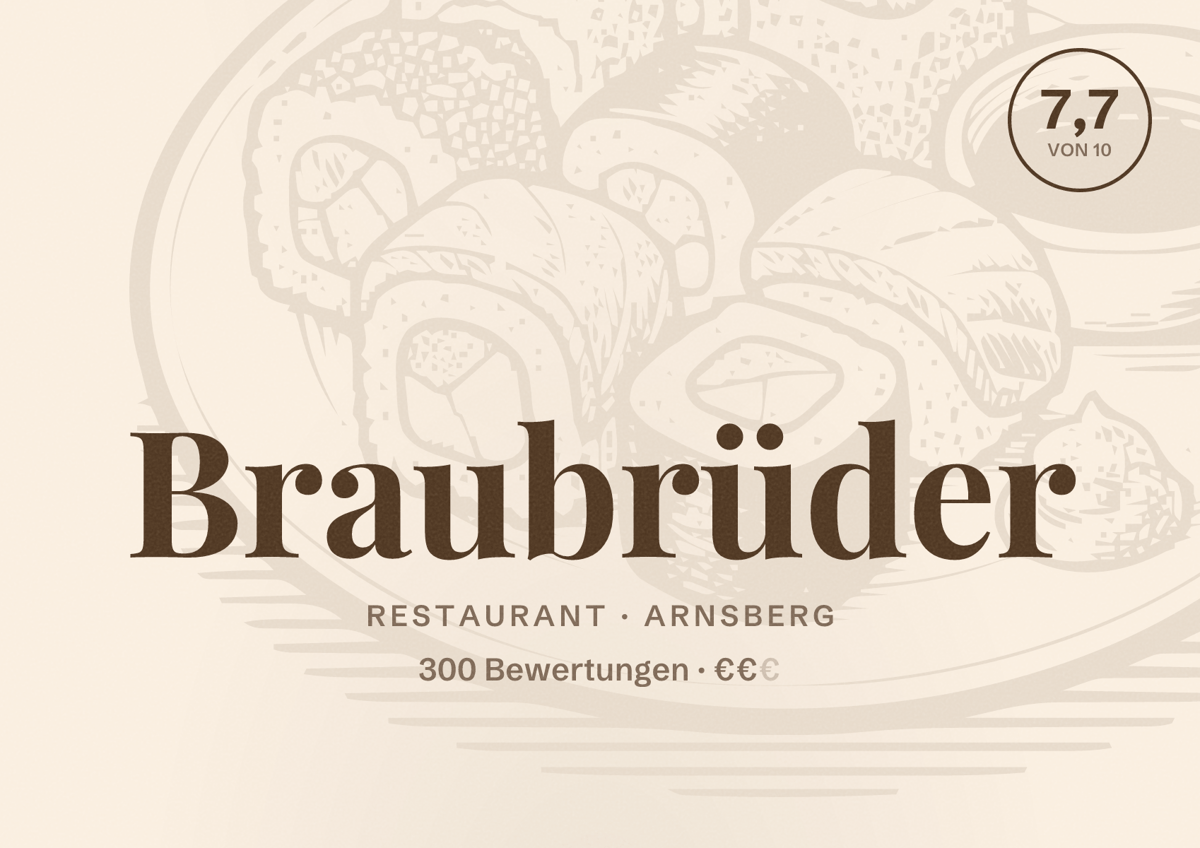 Illustriertes Poster von Braubrüder, Restaurant in Arnsberg: Bewertung 7,7 von 10 aus 300 Bewertungen, Preisniveau €€