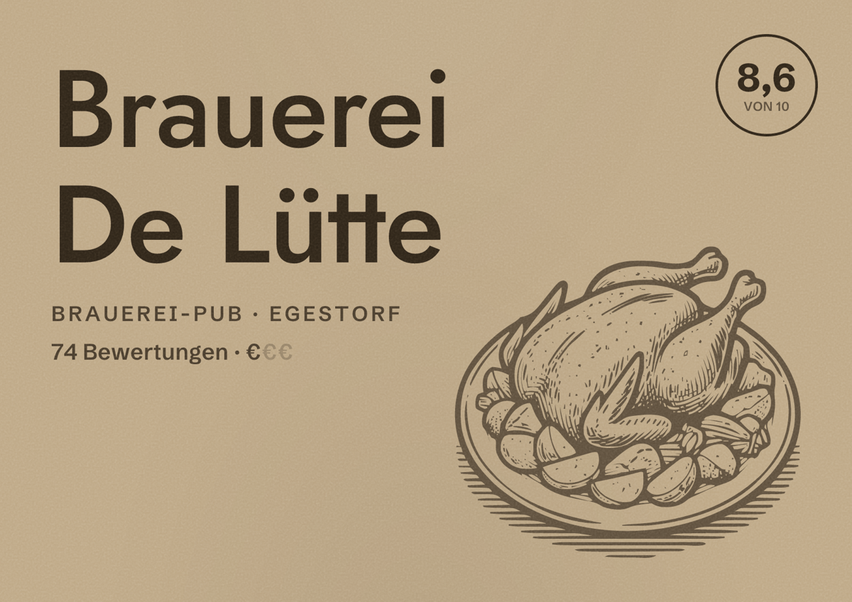 Illustriertes Poster von Brauerei De Lütte, Brauerei-Pub in Egestorf: Bewertung 8,6 von 10 aus 74 Bewertungen, Preisniveau €