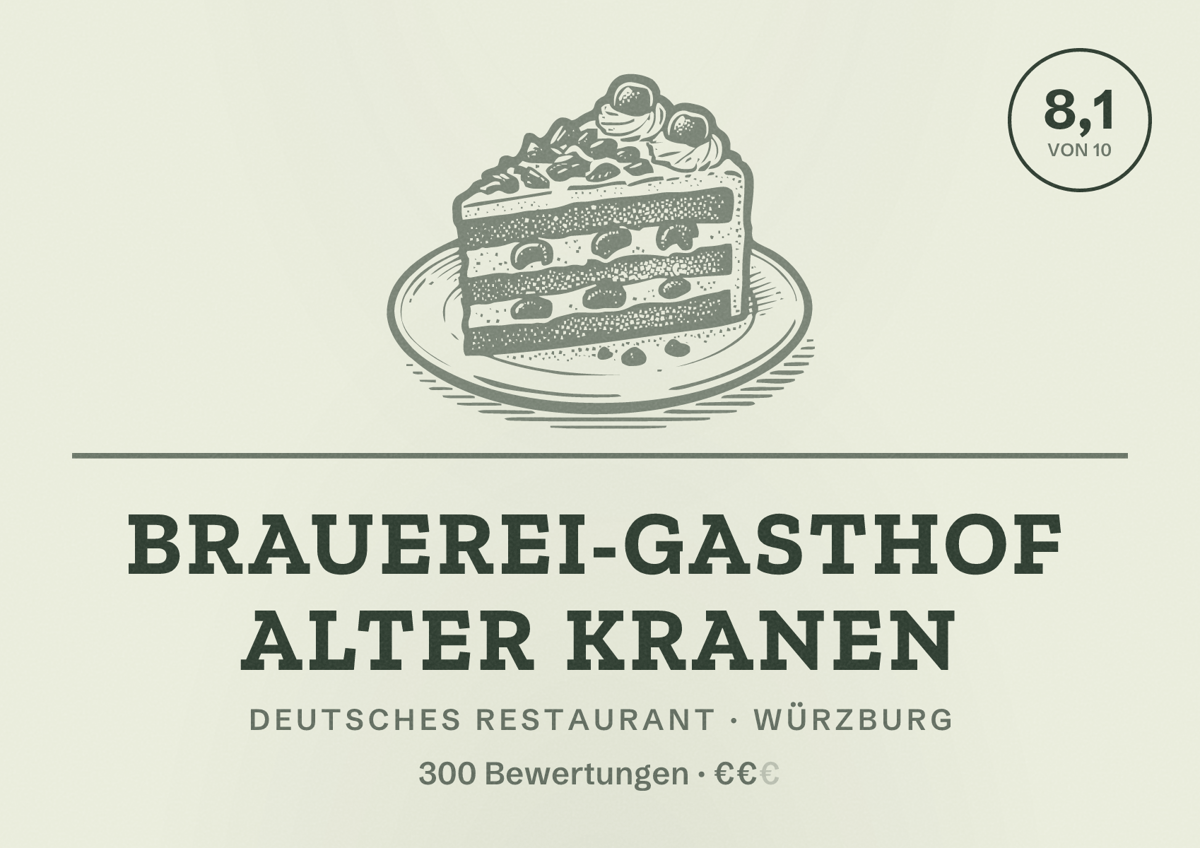 Illustriertes Poster von Brauerei-Gasthof Alter Kranen, Deutsches Restaurant in Würzburg: Bewertung 8,1 von 10 aus 300 Bewertungen, Preisniveau €€