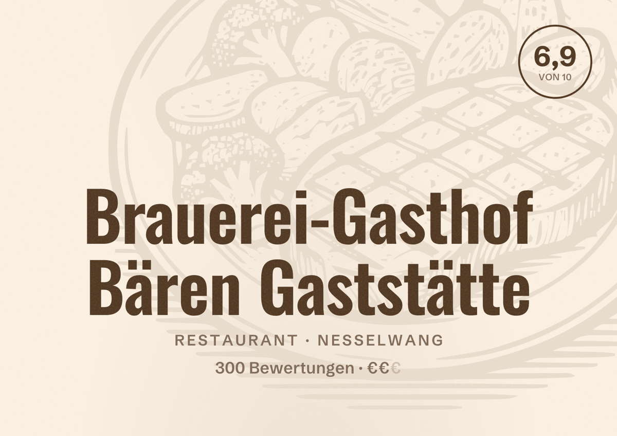 Illustriertes Poster von Brauerei-Gasthof Bären Gaststätte, Restaurant in Nesselwang: Bewertung 6,9 von 10 aus 300 Bewertungen, Preisniveau €€