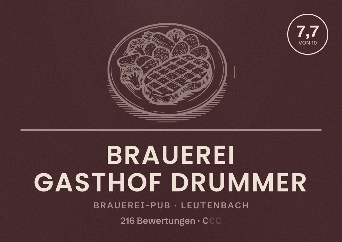 Illustriertes Poster von Brauerei Gasthof Drummer, Brauerei-Pub in Leutenbach: Bewertung 7,7 von 10 aus 216 Bewertungen, Preisniveau €