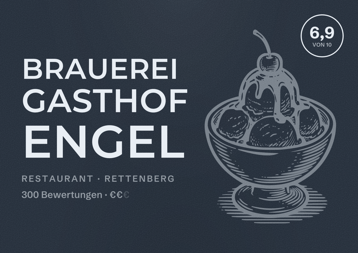 Illustriertes Poster von Brauerei Gasthof Engel, Restaurant in Rettenberg: Bewertung 6,9 von 10 aus 300 Bewertungen, Preisniveau €€