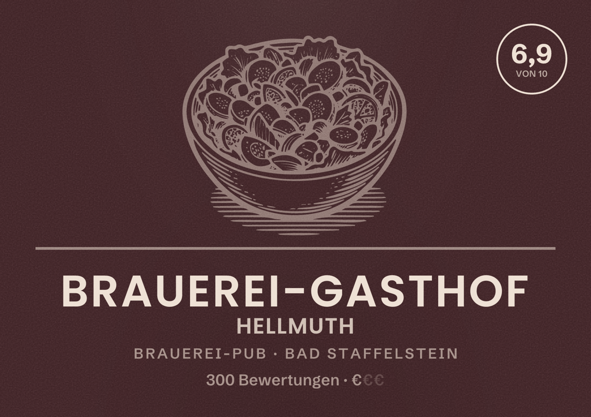 Illustriertes Poster von Brauerei-Gasthof Hellmuth, Brauerei-Pub in Bad Staffelstein: Bewertung 6,9 von 10 aus 300 Bewertungen, Preisniveau €