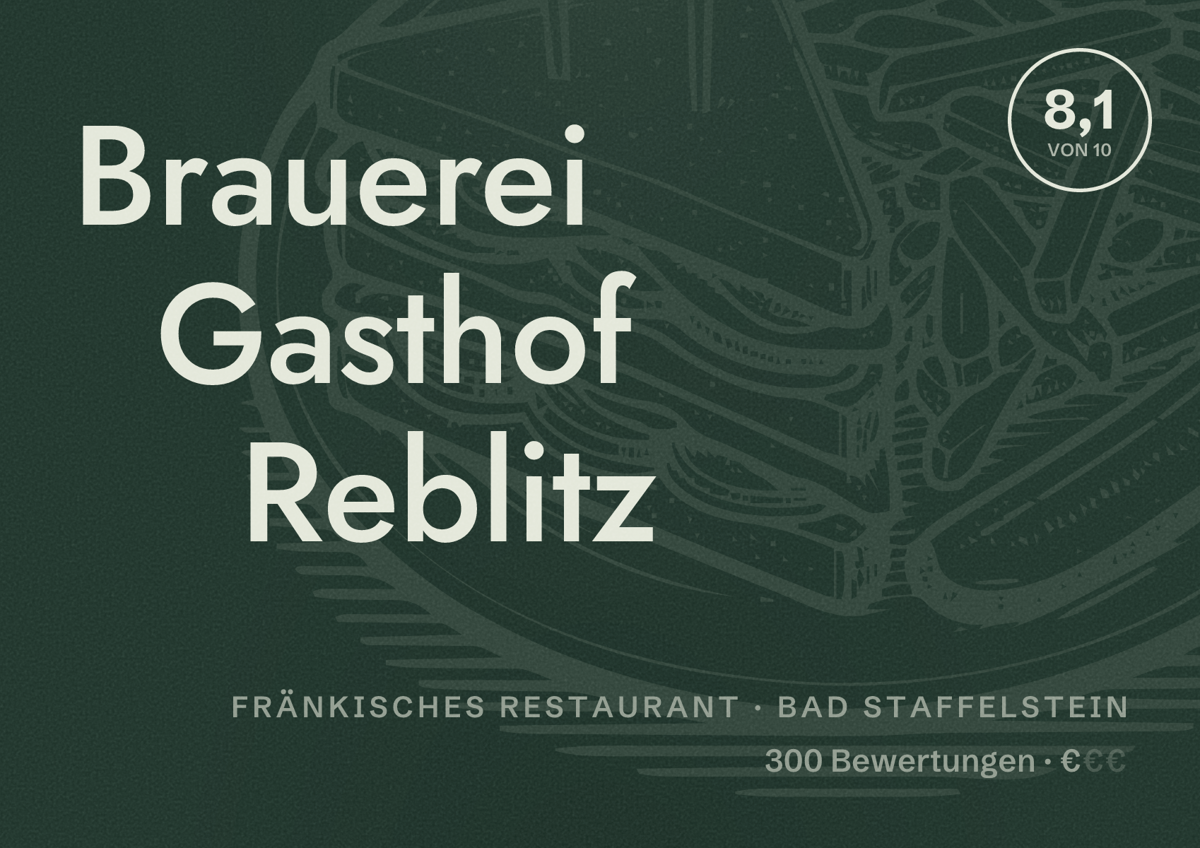 Illustriertes Poster von Brauerei Gasthof Reblitz, Fränkisches Restaurant in Bad Staffelstein: Bewertung 8,1 von 10 aus 300 Bewertungen, Preisniveau €
