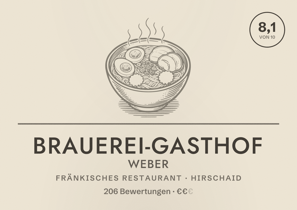 Illustriertes Poster von Brauerei-Gasthof Weber, Fränkisches Restaurant in Hirschaid: Bewertung 8,1 von 10 aus 206 Bewertungen, Preisniveau €€