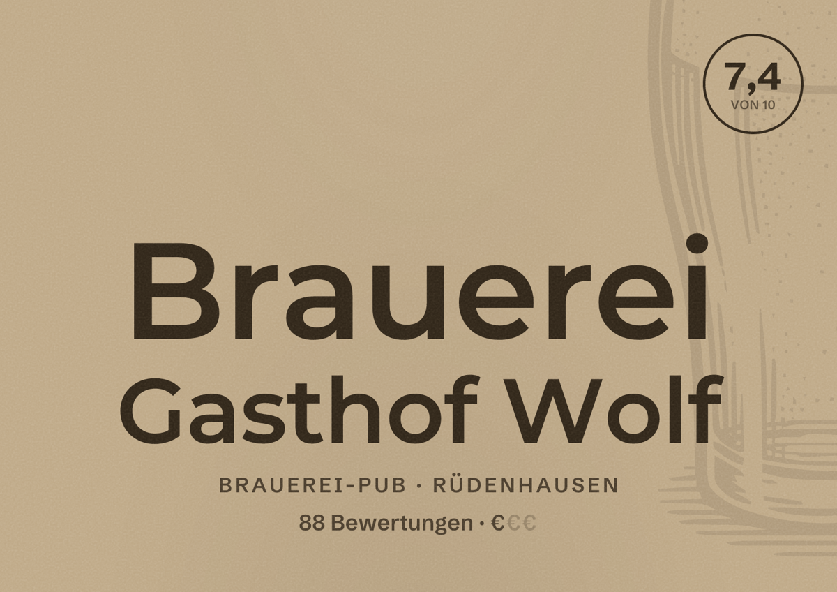 Illustriertes Poster von Brauerei Gasthof Wolf, Brauerei-Pub in Rüdenhausen: Bewertung 7,4 von 10 aus 88 Bewertungen, Preisniveau €
