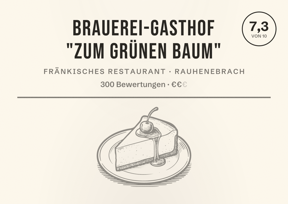 Illustriertes Poster von Brauerei-Gasthof "Zum Grünen Baum", Fränkisches Restaurant in Rauhenebrach: Bewertung 7,3 von 10 aus 300 Bewertungen, Preisniveau €€