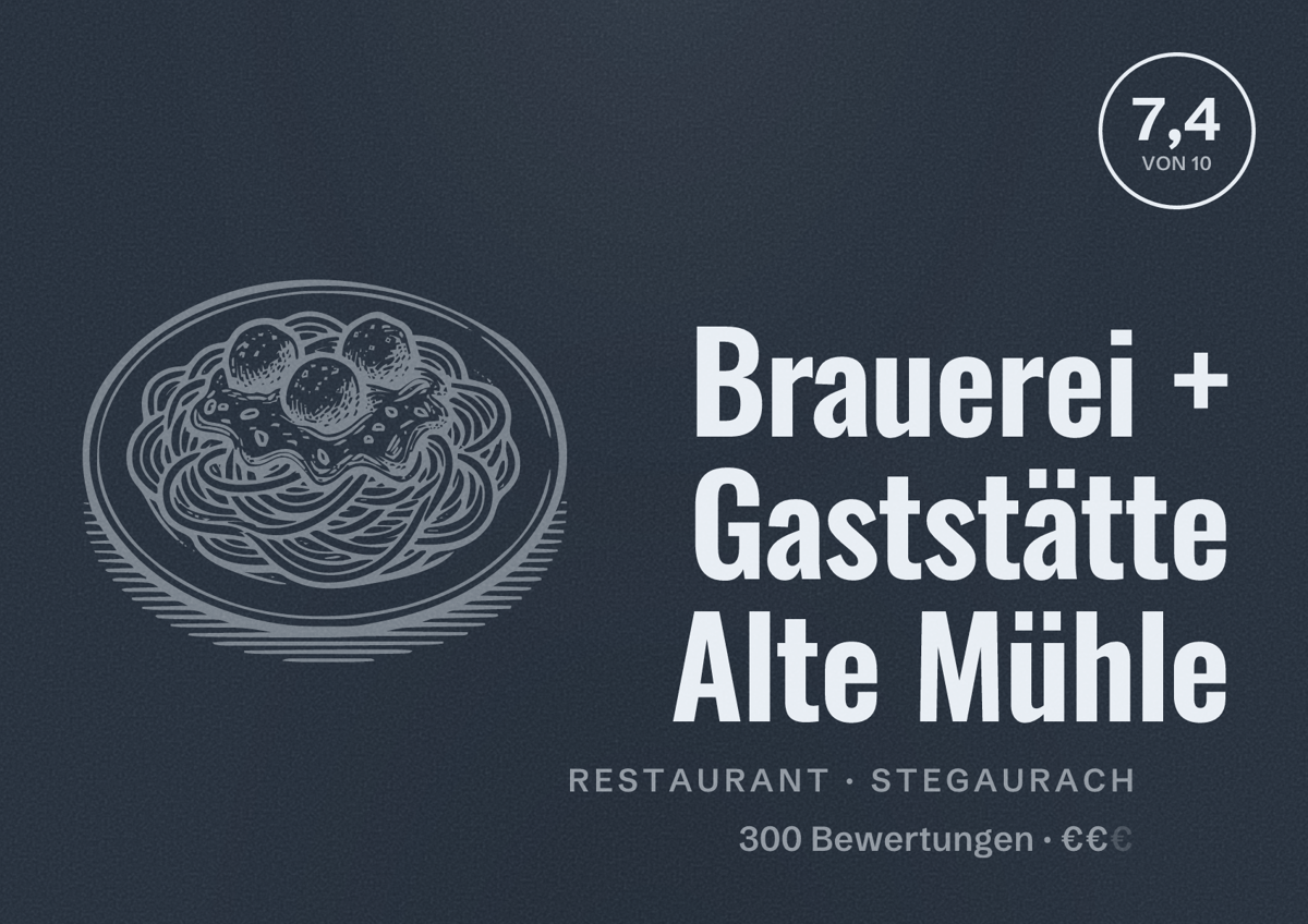 Illustriertes Poster von Brauerei + Gaststätte Alte Mühle, Restaurant in Stegaurach: Bewertung 7,4 von 10 aus 300 Bewertungen, Preisniveau €€