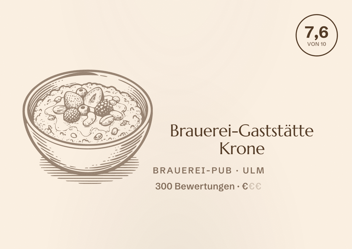 Illustriertes Poster von Brauerei-Gaststätte Krone, Brauerei-Pub in Ulm: Bewertung 7,6 von 10 aus 300 Bewertungen, Preisniveau €