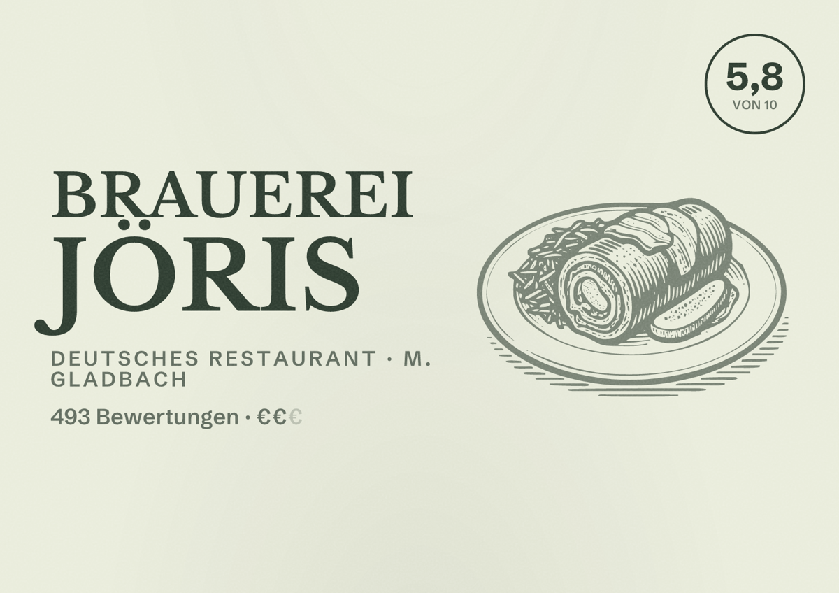 Illustriertes Poster von Brauerei Jöris, Deutsches Restaurant in M. Gladbach: Bewertung 5,8 von 10 aus 493 Bewertungen, Preisniveau €€