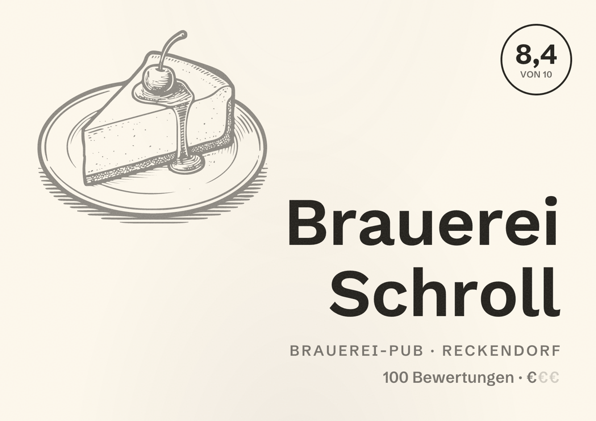Illustriertes Poster von Brauerei Schroll, Brauerei-Pub in Reckendorf: Bewertung 8,4 von 10 aus 100 Bewertungen, Preisniveau €