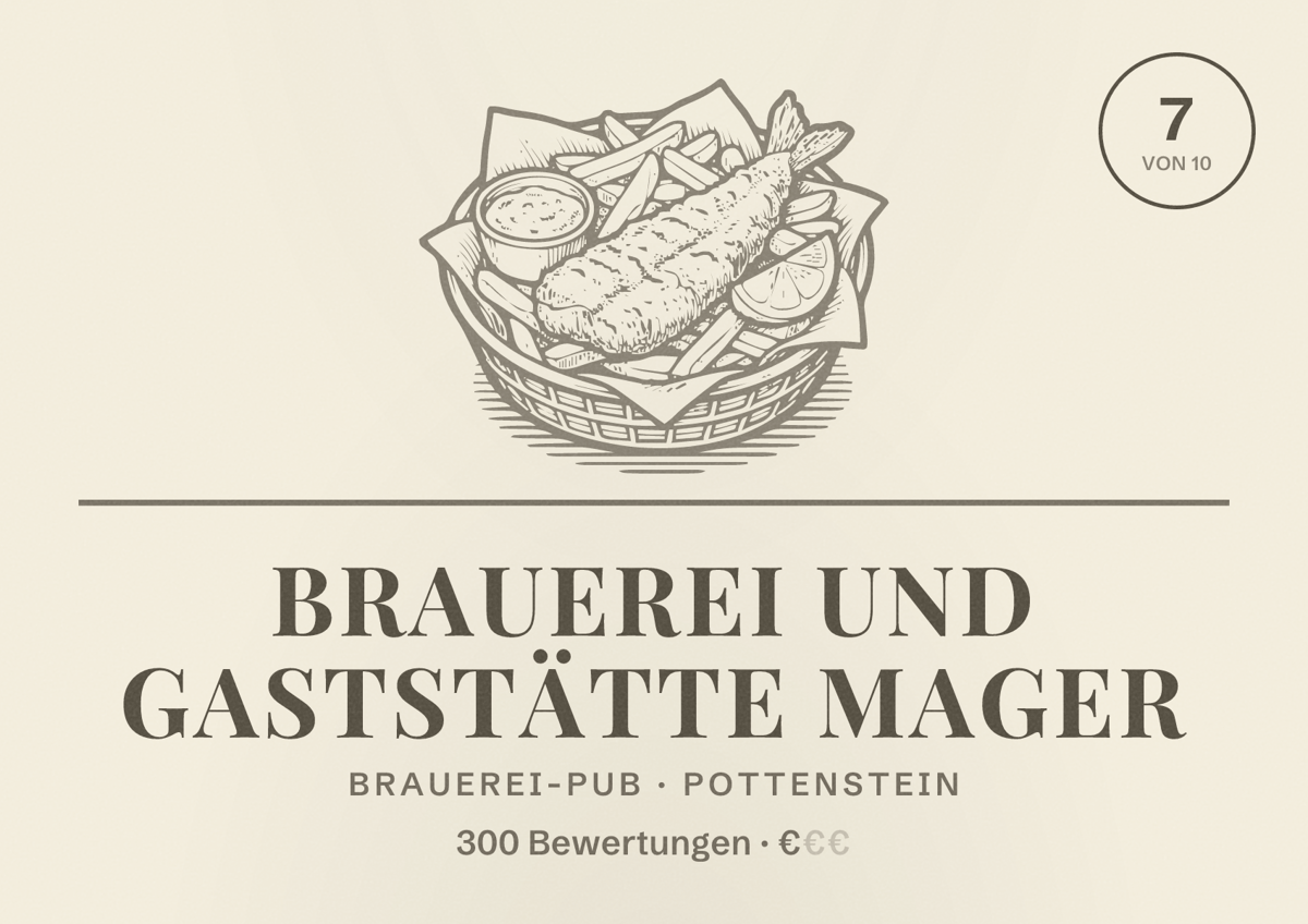 Illustriertes Poster von Brauerei und Gaststätte Mager, Brauerei-Pub in Pottenstein: Bewertung 7 von 10 aus 300 Bewertungen, Preisniveau €