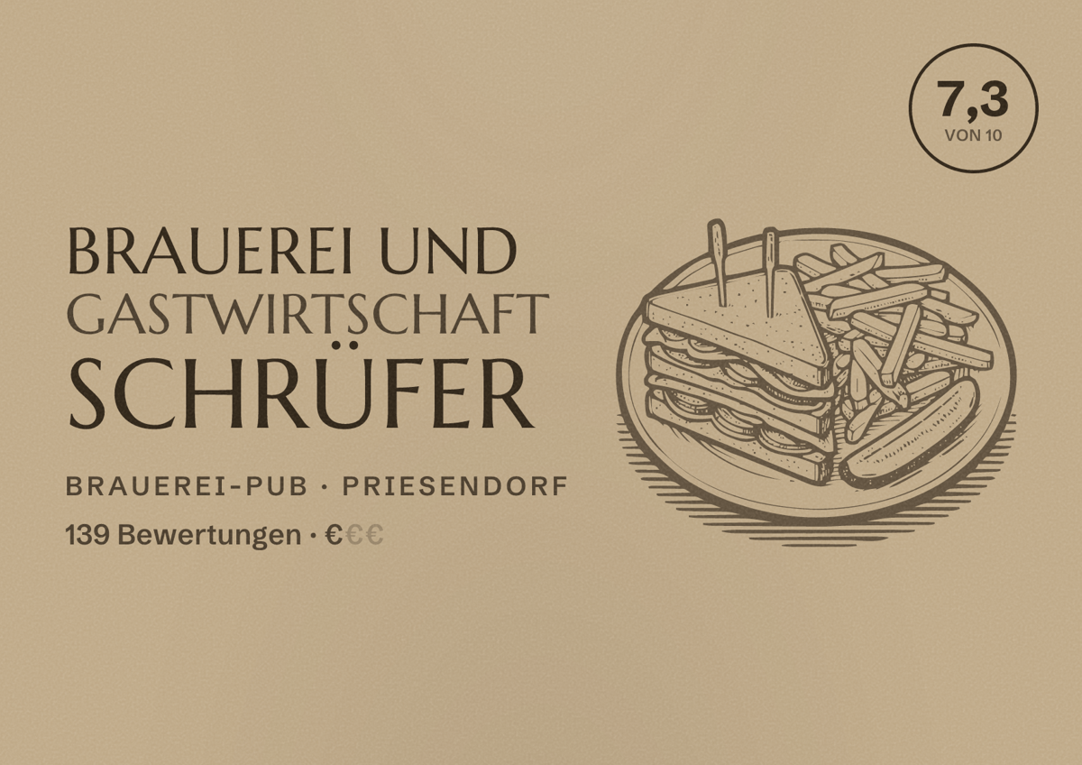 Illustriertes Poster von Brauerei und Gastwirtschaft Schrüfer, Brauerei-Pub in Priesendorf: Bewertung 7,3 von 10 aus 139 Bewertungen, Preisniveau €