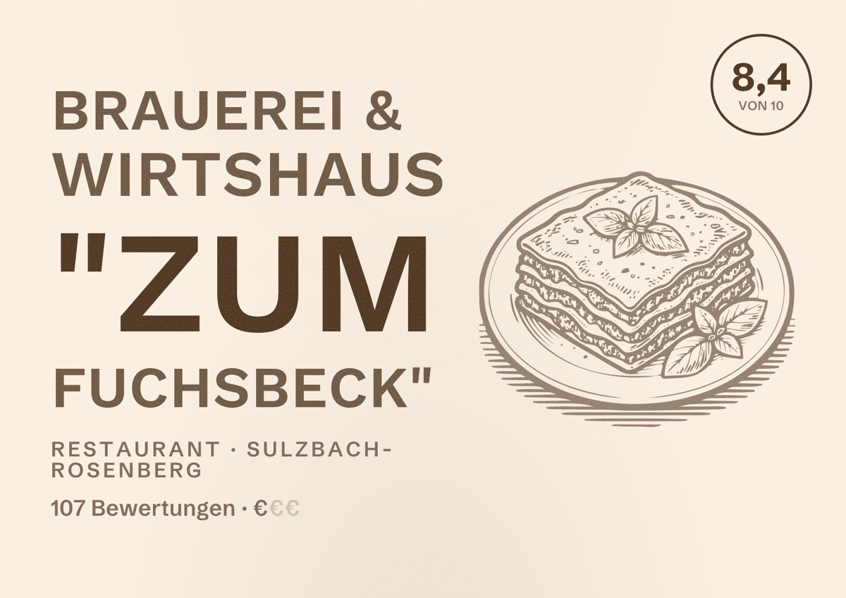 Illustriertes Poster von Brauerei & Wirtshaus "Zum Fuchsbeck", Restaurant in Sulzbach-Rosenberg: Bewertung 8,4 von 10 aus 107 Bewertungen, Preisniveau €