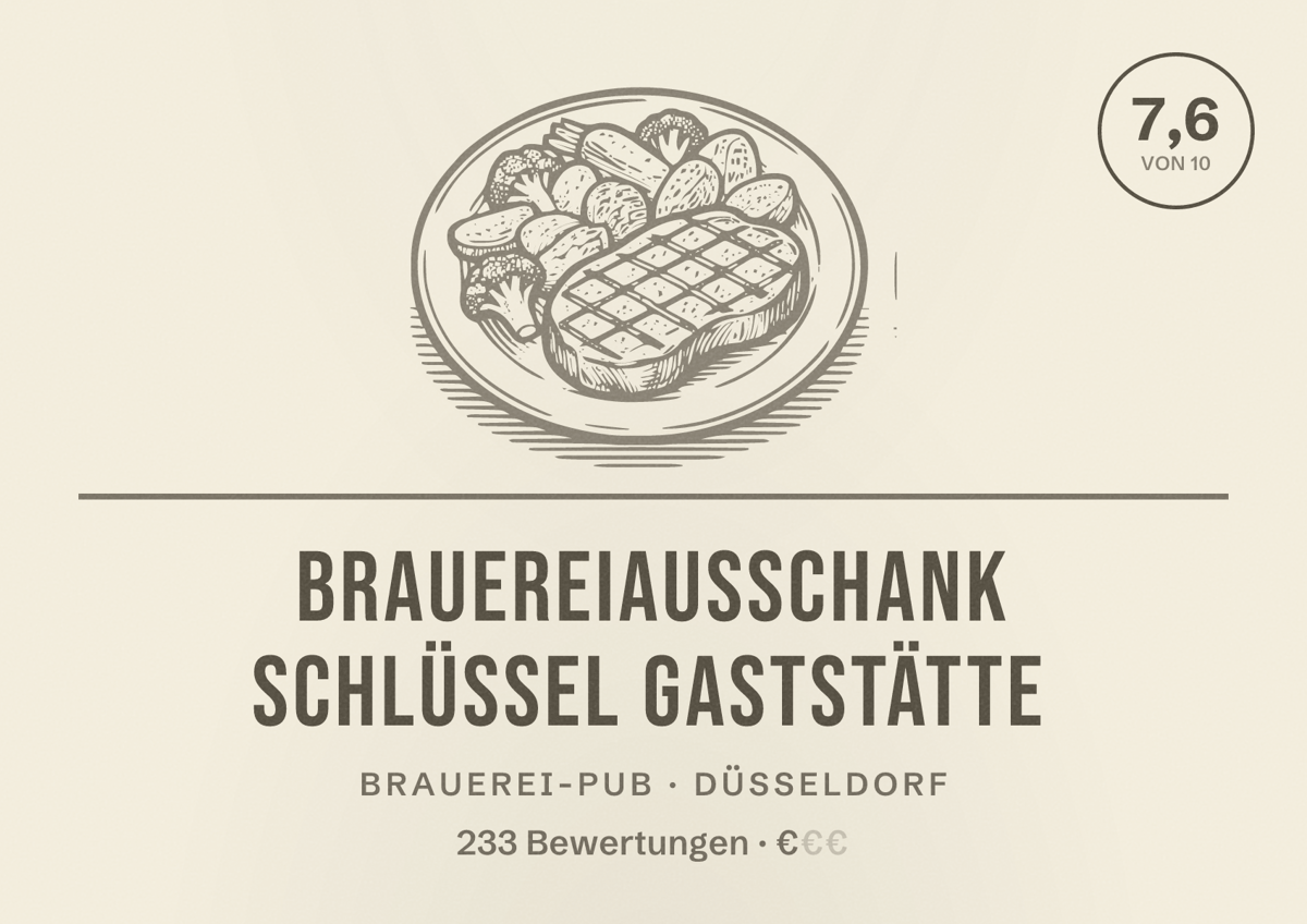 Illustriertes Poster von Brauereiausschank Schlüssel Gaststätte, Brauerei-Pub in Düsseldorf: Bewertung 7,6 von 10 aus 233 Bewertungen, Preisniveau €