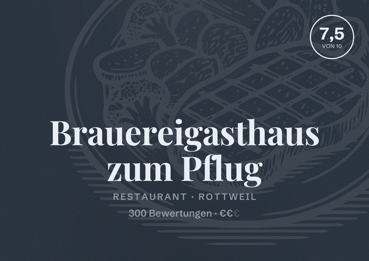 Illustriertes Poster von Brauereigasthaus zum Pflug, Restaurant in Rottweil: Bewertung 7,5 von 10 aus 300 Bewertungen, Preisniveau €€