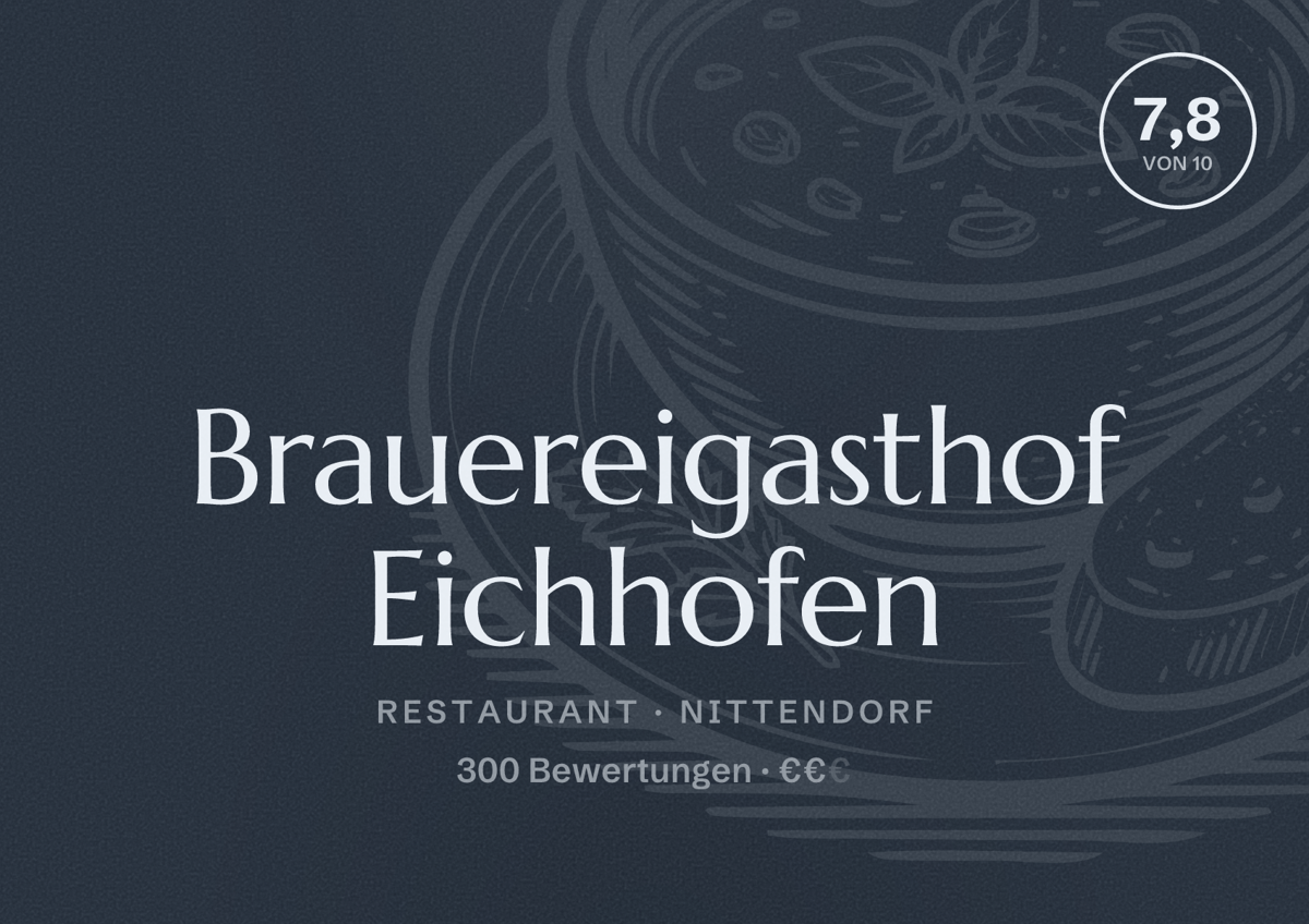 Illustriertes Poster von Brauereigasthof Eichhofen, Restaurant in Nittendorf: Bewertung 7,8 von 10 aus 300 Bewertungen, Preisniveau €€