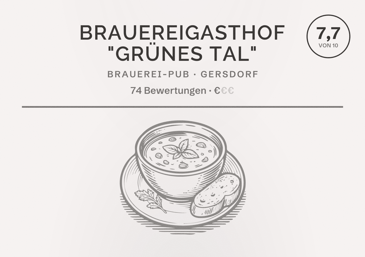 Illustriertes Poster von Brauereigasthof "Grünes Tal", Brauerei-Pub in Gersdorf: Bewertung 7,7 von 10 aus 74 Bewertungen, Preisniveau €