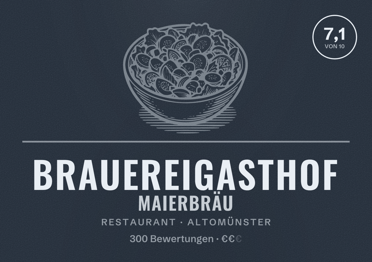 Illustriertes Poster von Brauereigasthof Maierbräu, Restaurant in Altomünster: Bewertung 7,1 von 10 aus 300 Bewertungen, Preisniveau €€