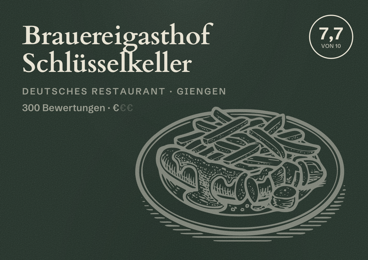 Illustriertes Poster von Brauereigasthof Schlüsselkeller, Deutsches Restaurant in Giengen: Bewertung 7,7 von 10 aus 300 Bewertungen, Preisniveau €
