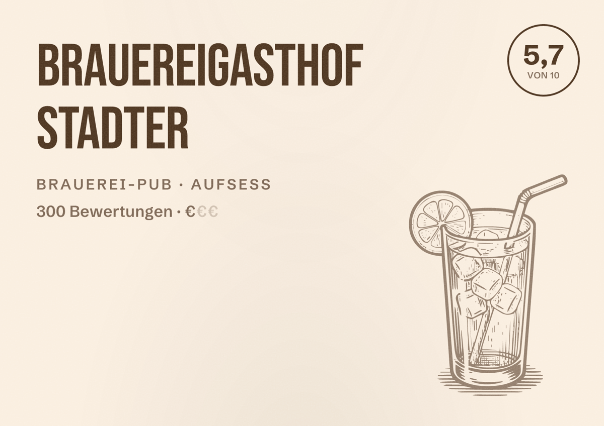 Illustriertes Poster von Brauereigasthof Stadter, Brauerei-Pub in Aufseß: Bewertung 5,7 von 10 aus 300 Bewertungen, Preisniveau €
